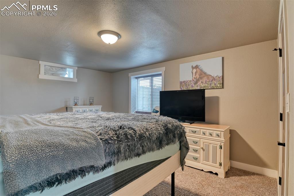 Image 39 of 50: Bedroom with carpet floors and a textured ceiling