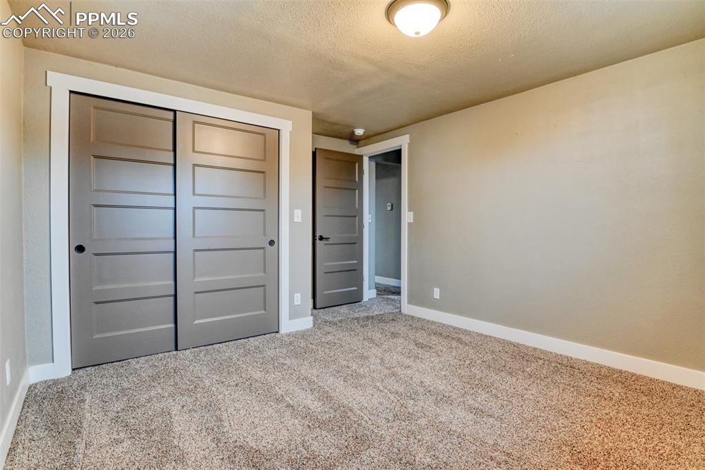 Image 45 of 50: Unfurnished bedroom featuring a closet, light colored carpet, and a texture