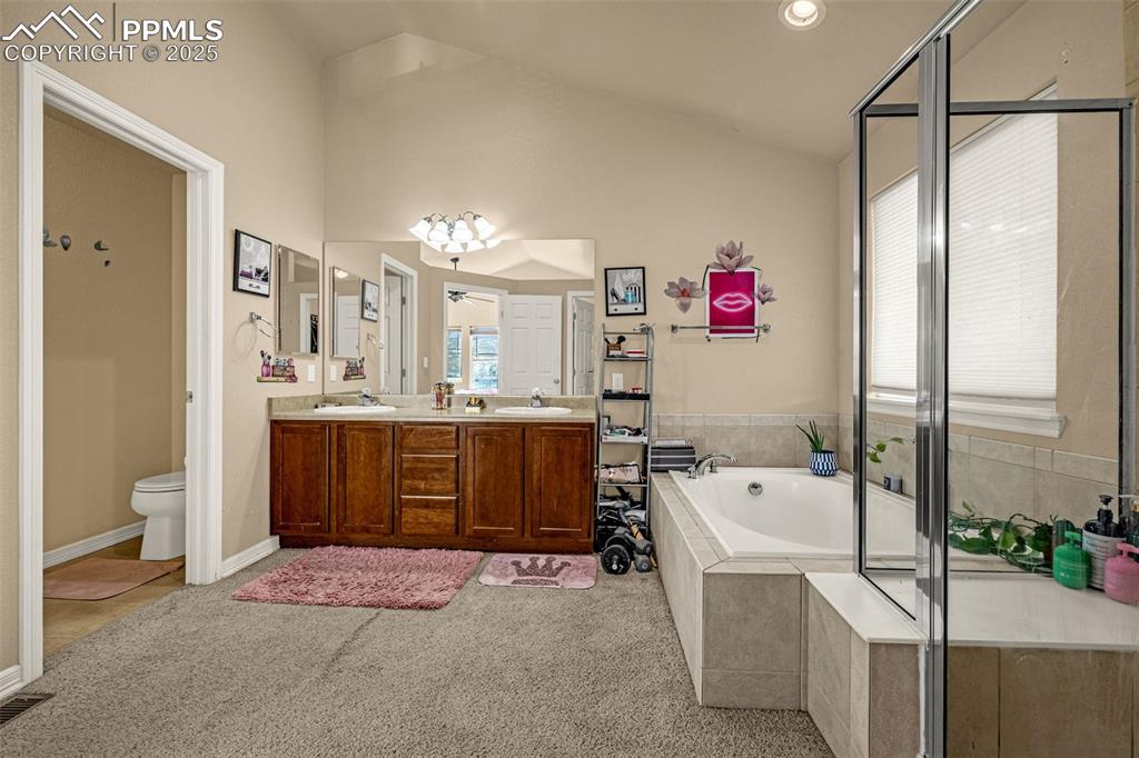 Image 29 of 45: Full bath with double vanity, a bath, light carpet, a shower stall, and hig