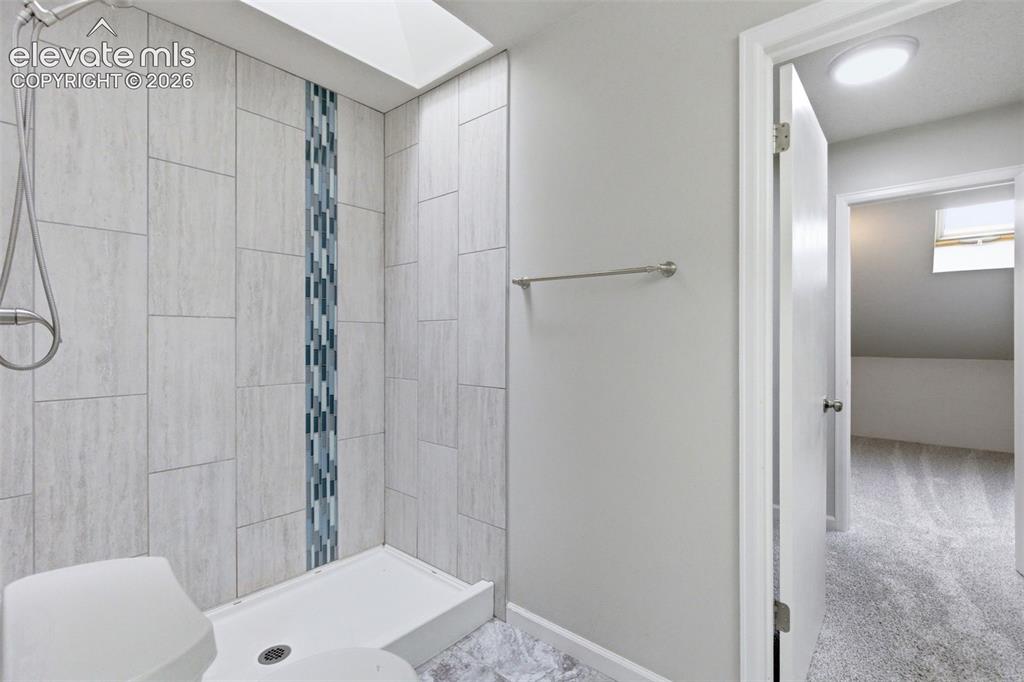 Image 30 of 50: Shower with light-toned tiled walls, a decorative vertical accent stripe, a