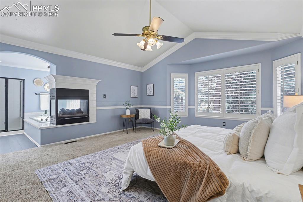 Image 17 of 44: Bedroom featuring carpet, a multi sided fireplace, multiple windows, ceilin