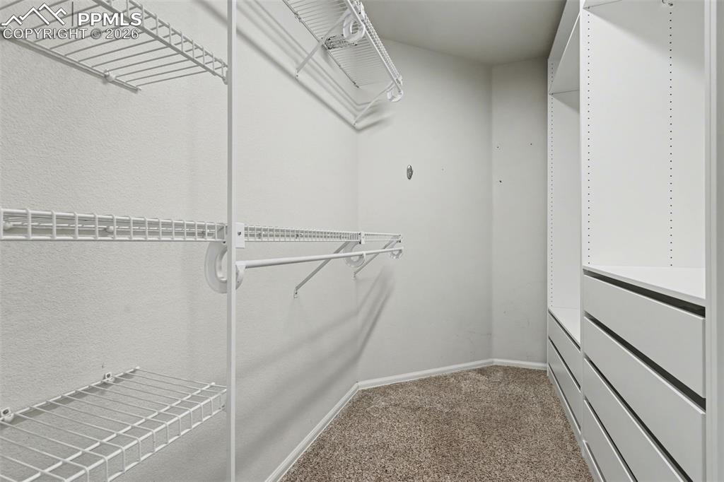 Image 21 of 44: Walk in closet featuring dark carpet