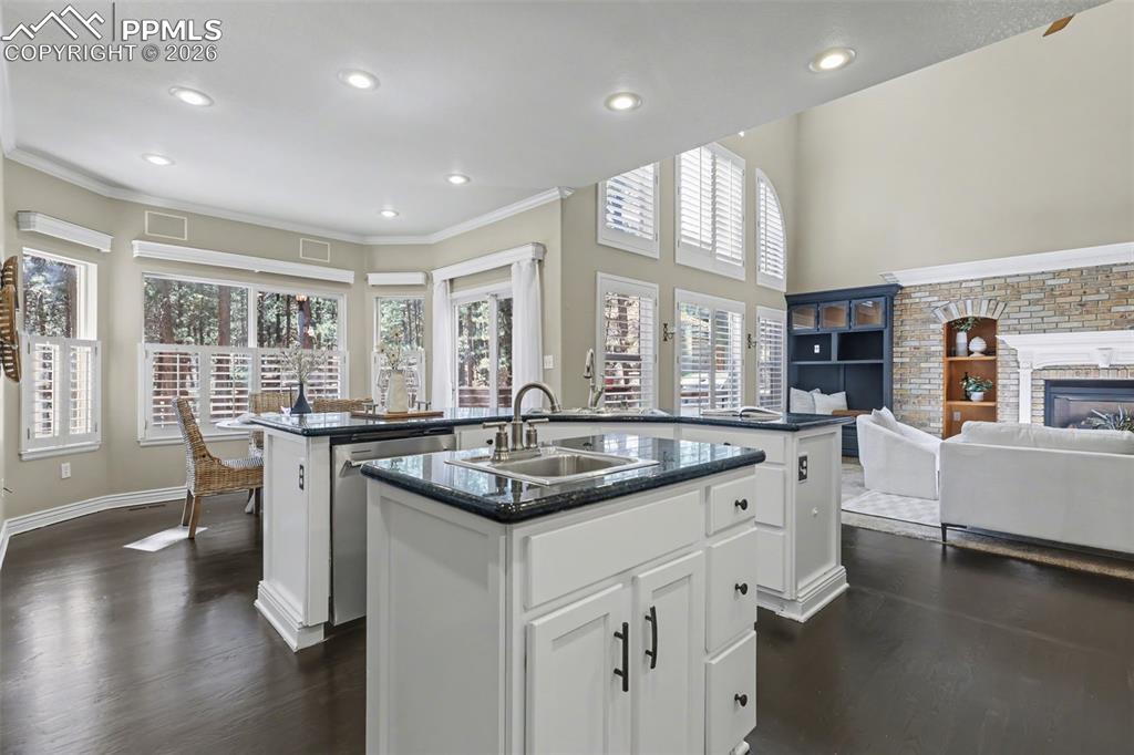 Image 8 of 44: Kitchen with open floor plan, dark wood-style flooring, a fireplace, dishwa