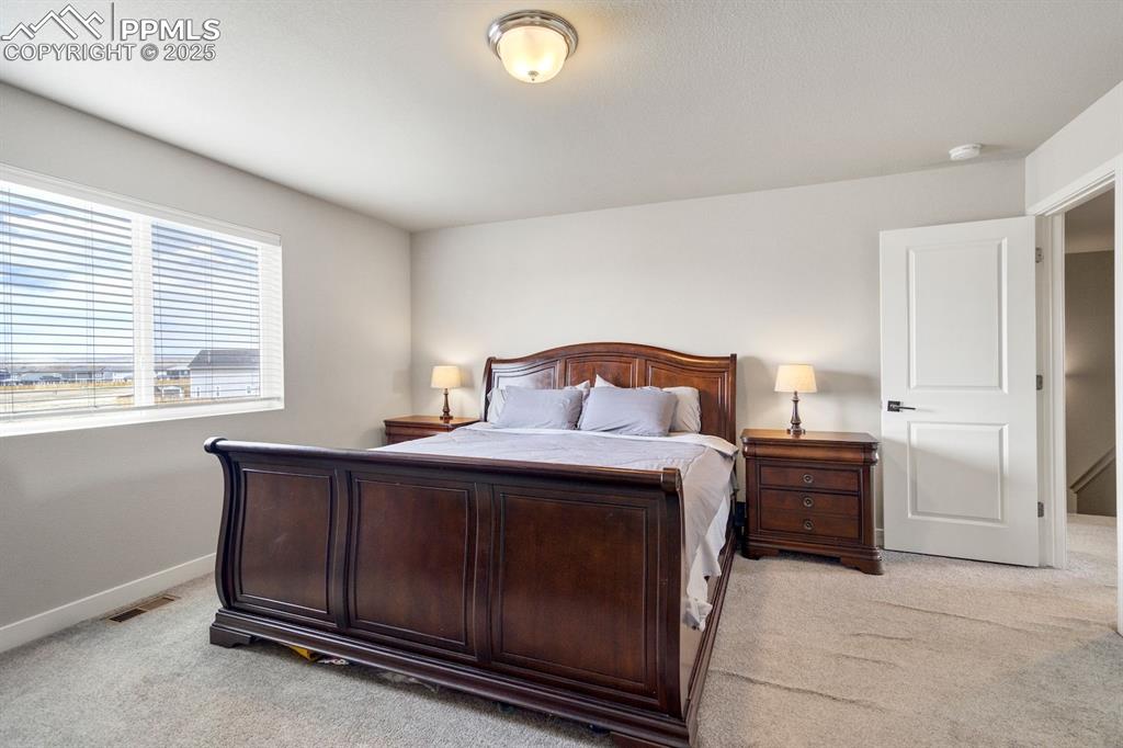 Image 23 of 50: Bedroom featuring baseboards, visible vents, and light colored carpet