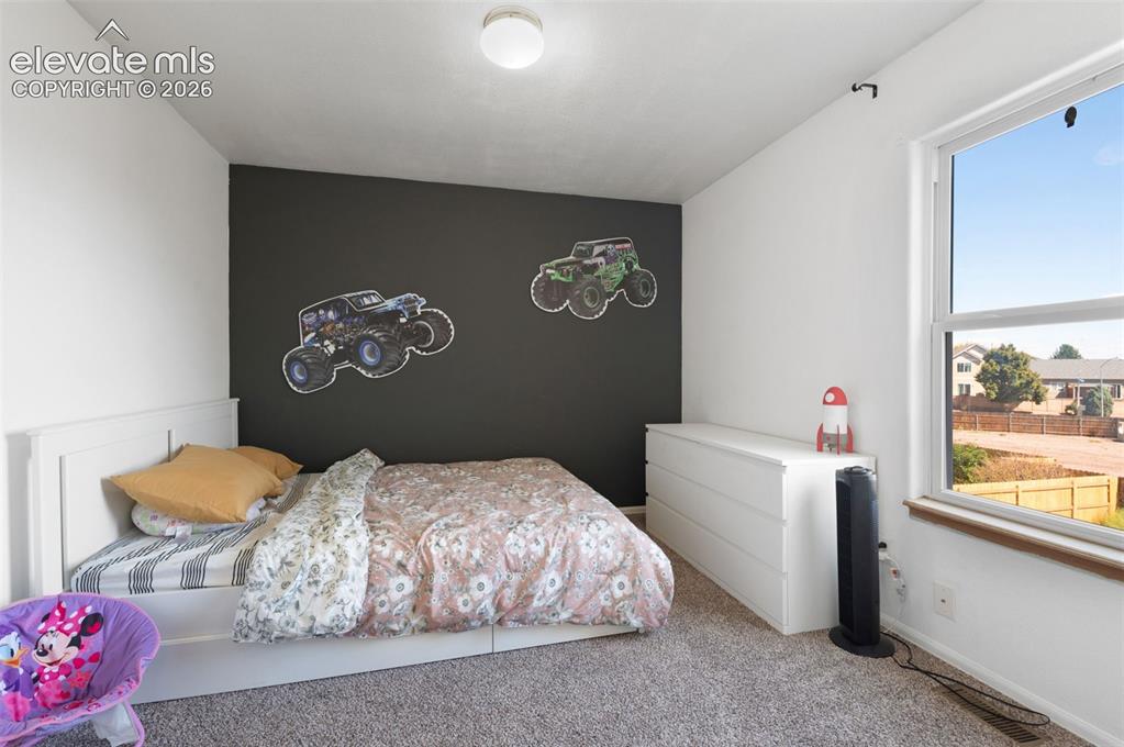 Image 20 of 31: Carpeted room featuring a white paneled bed frame, a dark accent wall, and