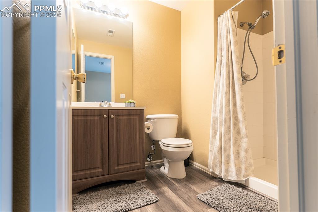 Image 4 of 23: LOWER Bathroom featuring vanity, a stall shower, and dark wood-style floori