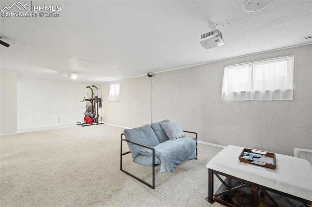 Image 19 of 33: Living area featuring carpet floors and a textured wall