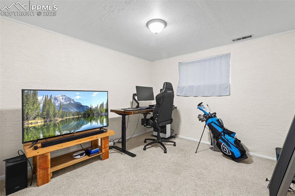 Image 22 of 33: Office area with a textured wall, carpet floors, and a textured ceiling