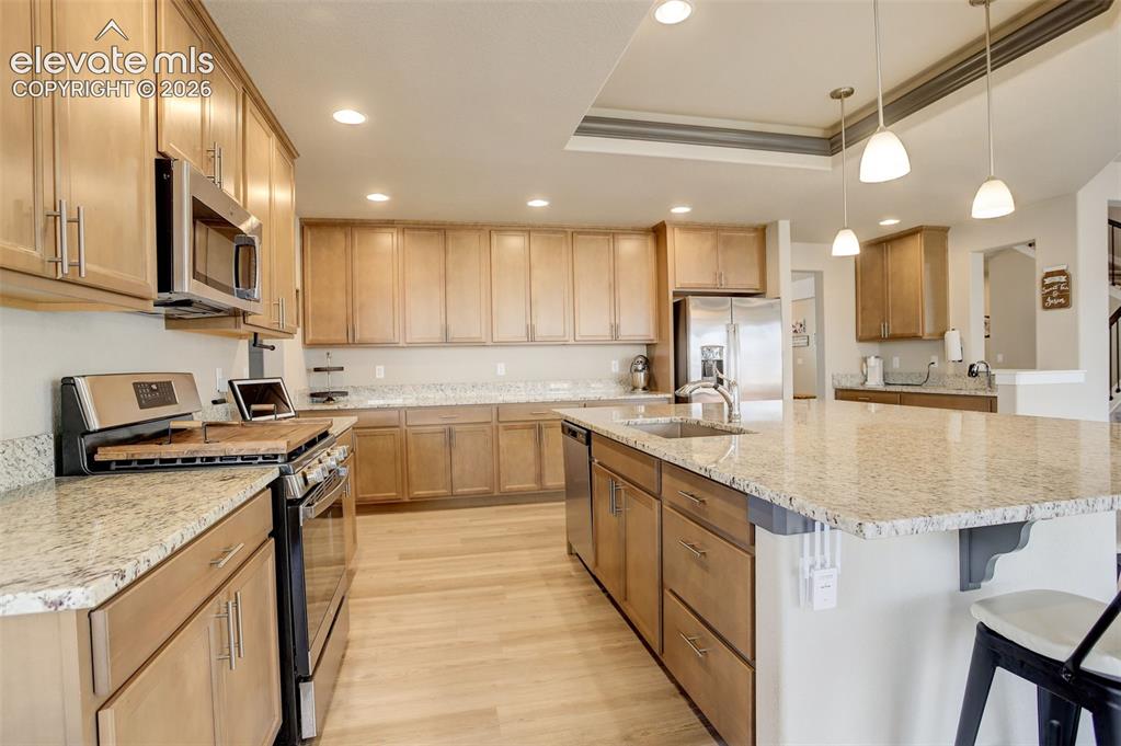 Image 39 of 50: Kitchen featuring stainless steel refrigerator with ice dispenser, light st