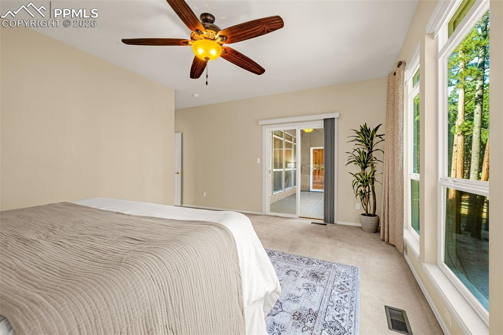 Image 20 of 40: Spacious room featuring a ceiling fan, light beige walls, and carpeted floo