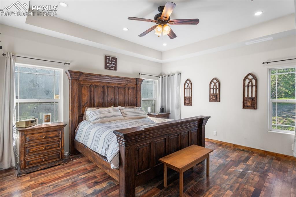 Image 12 of 46: Bedroom featuring dark wood-style floors, recessed lighting, a tray ceiling