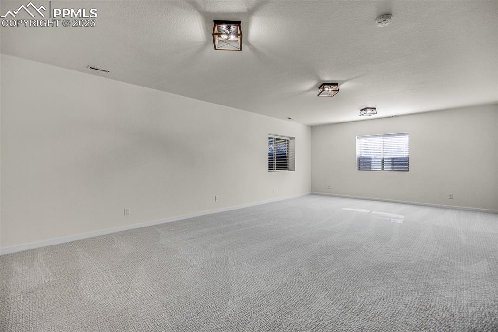 Image 28 of 50: Spacious room featuring light-colored walls and patterned carpeting, illumi