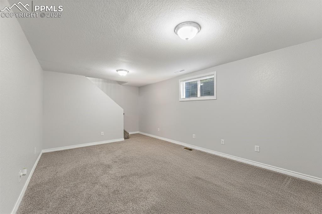 Image 25 of 48: Basement with light colored carpet and a textured ceiling