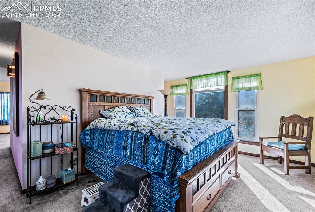 Image 17 of 48: Carpeted bedroom with a textured ceiling