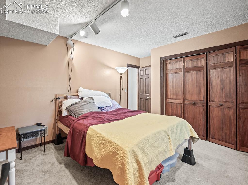 Image 37 of 48: Basement Bedroom with a textured ceiling, light carpet, and rail lighting