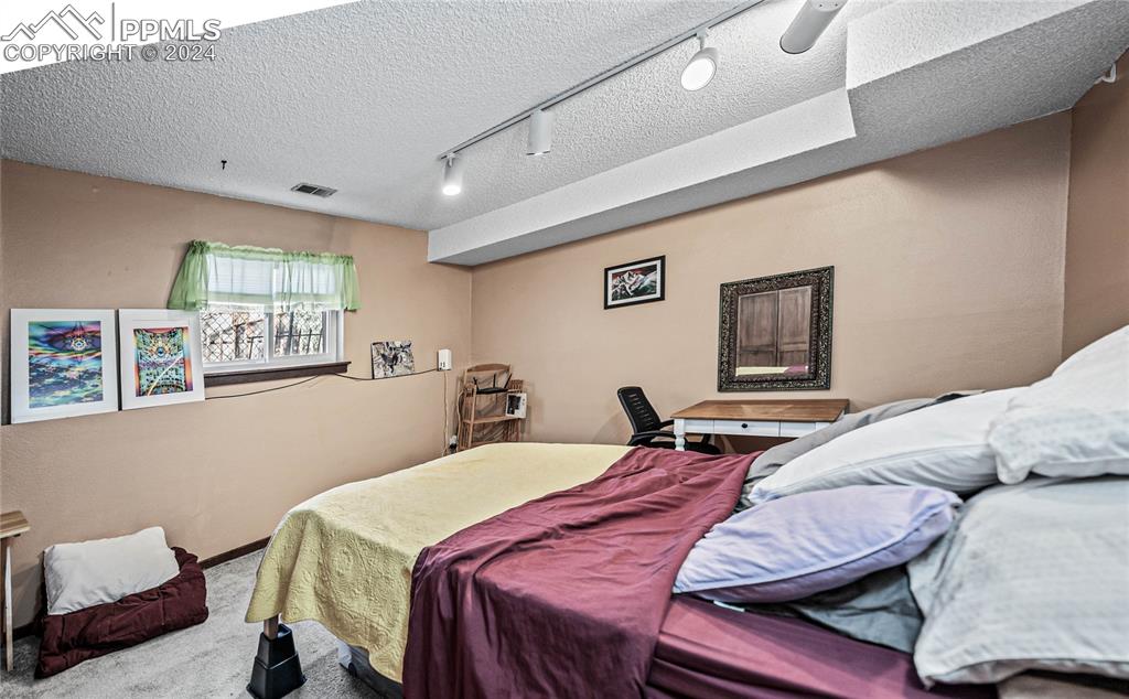 Image 38 of 48: Basement Bedroom with a textured ceiling, light colored carpet, track light