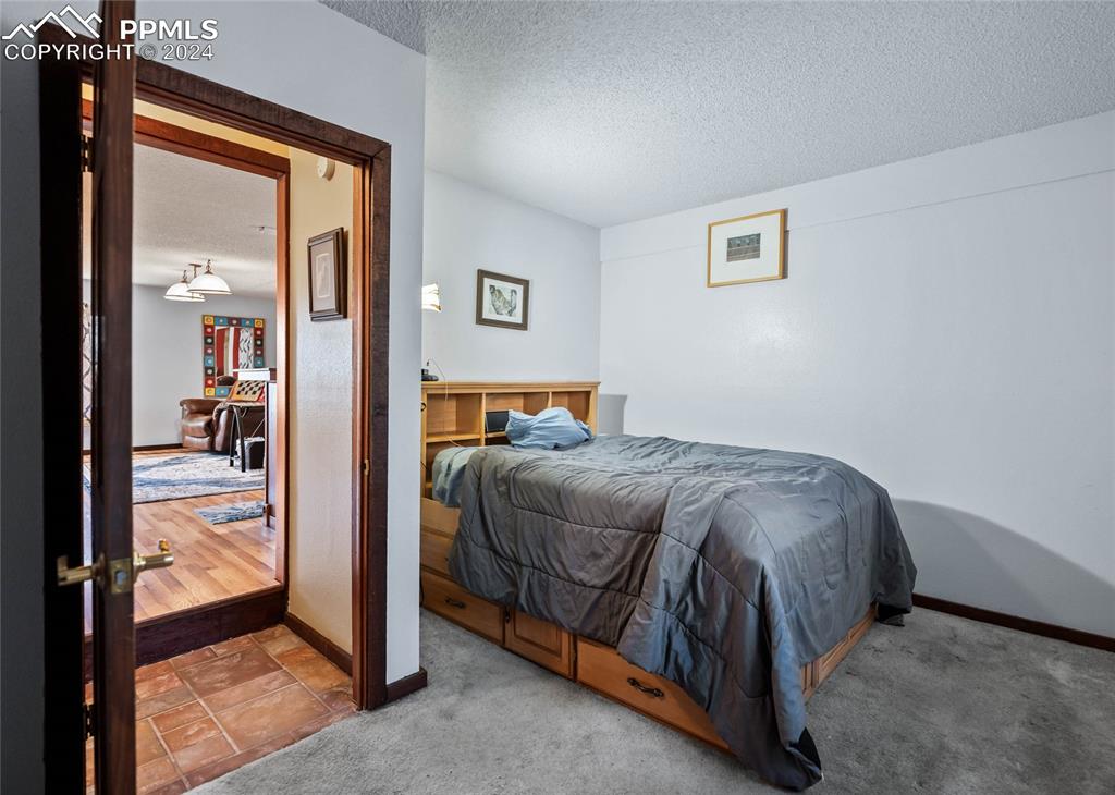 Image 40 of 48: Carpeted basement bedroom featuring a textured ceiling