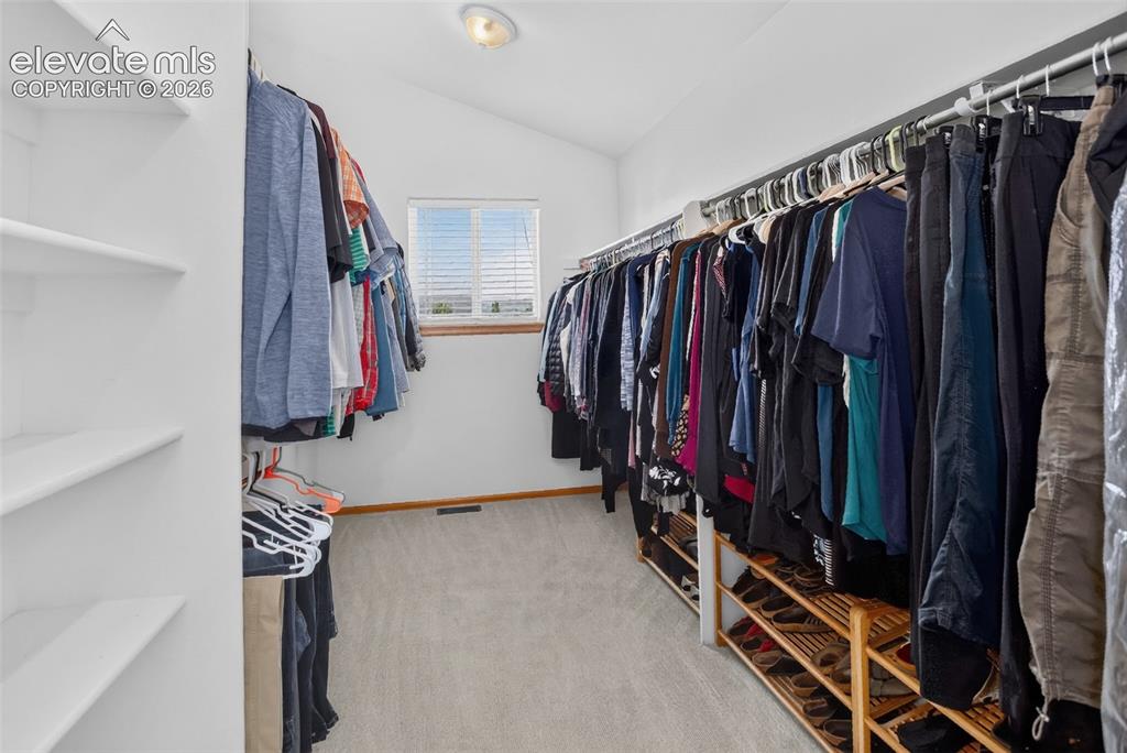Image 33 of 49: Walk-in closet featuring built-in shelving, extensive hanging rods, a windo