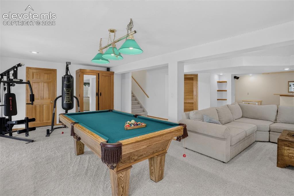 Image 44 of 49: Spacious lower-level entertainment area featuring light-toned carpeting and