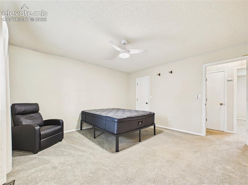 Image 37 of 50: Generously sized primary bedroom with plush carpeting, neutral finishes, an