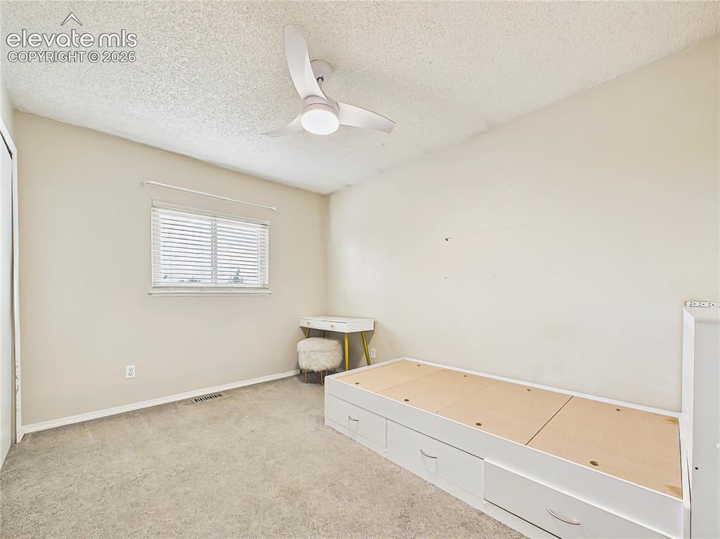 Image 41 of 50: Bright secondary bedroom with plush carpeting, ceiling fan, and a large win