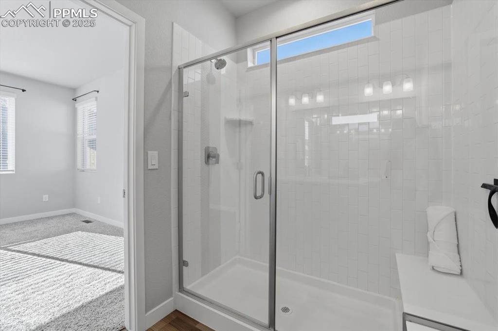 Image 19 of 34: Full bath with a stall shower, dark colored carpet, and dark wood-style flo