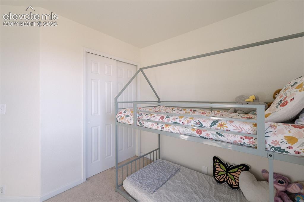 Image 29 of 36: Neutral wall paint with carpeted flooring, featuring a two-panel sliding cl