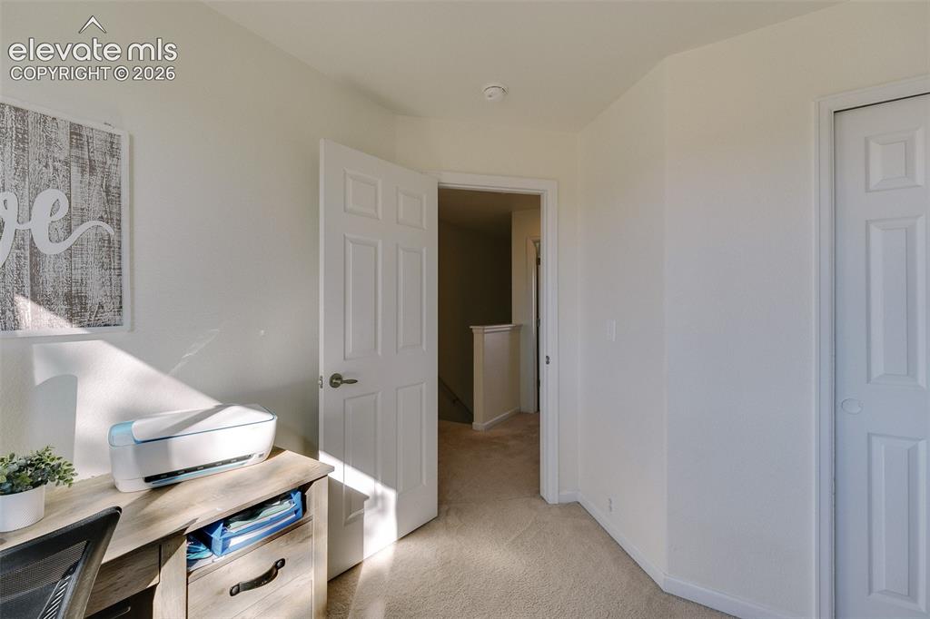 Image 31 of 36: Neutral wall paint, beige carpet, white interior door with paneling, and wh