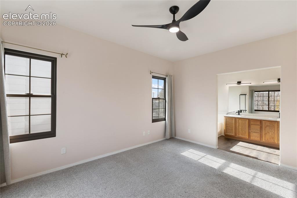 Image 19 of 38: Spacious bedroom featuring light gray carpeting, two dark-framed windows, a