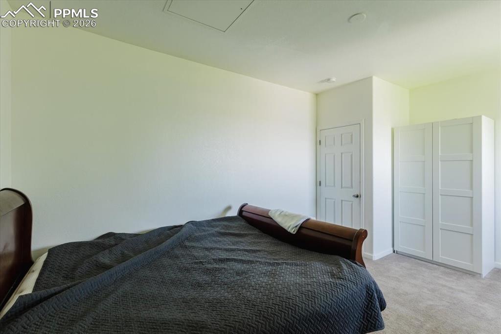Image 12 of 35: Carpeted room with a six-panel interior door and a white built-in wardrobe