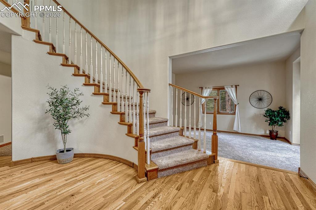 Image 23 of 50: Dramatic spiral staircase to the upper level.