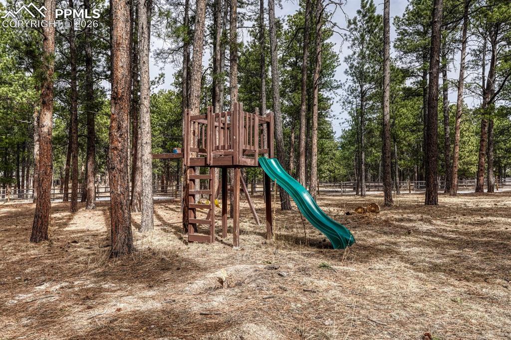 Image 46 of 50: Tree fort and slide for the kids is included.