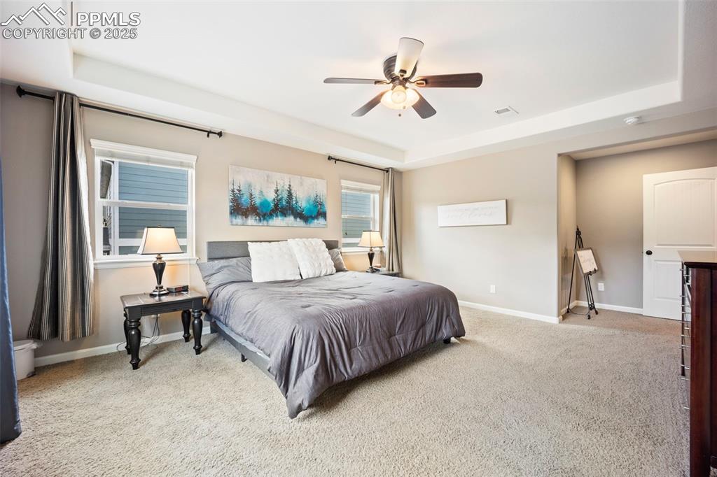 Image 30 of 46: Bedroom with light colored carpet, a tray ceiling, and ceiling fan