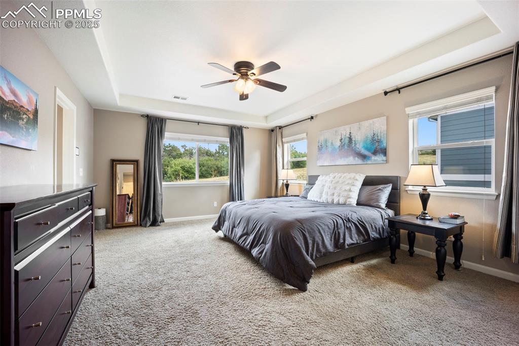 Image 31 of 46: Bedroom featuring a tray ceiling, light carpet, and a ceiling fan