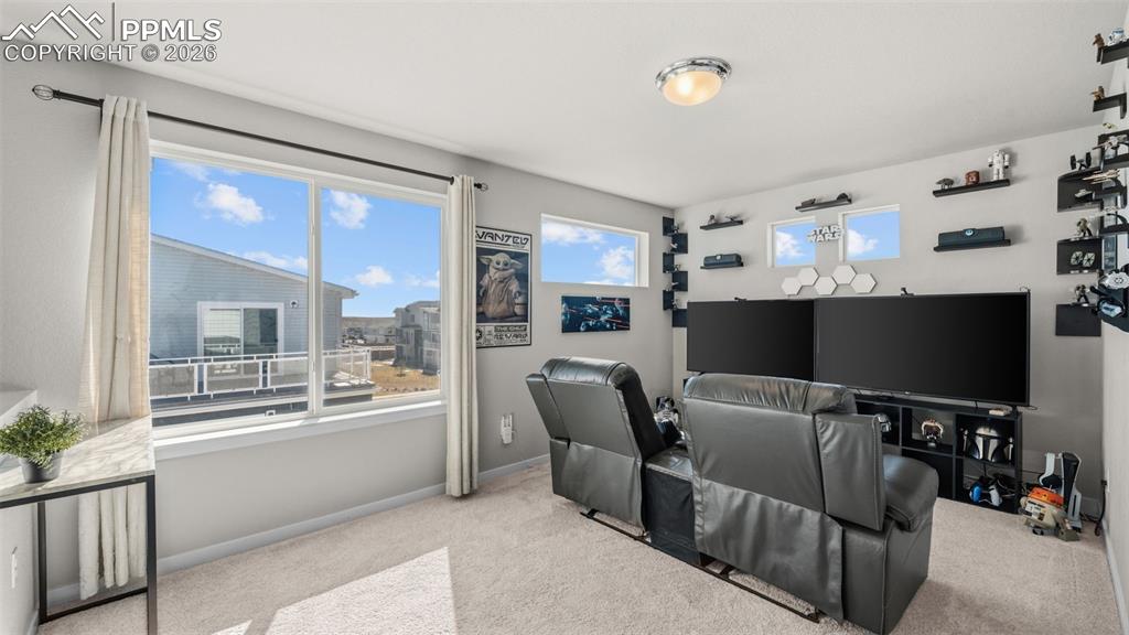 Image 15 of 37: Home theater featuring light carpet and baseboards