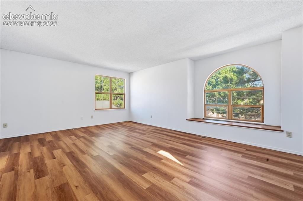 Image 11 of 26: Primary suite with an arched window and new LVP flooring at , Colorado Spri