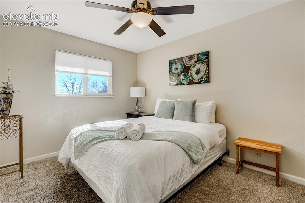 Image 17 of 43: Wall-to-wall carpet flooring, neutral paint palette, and a ceiling fan with