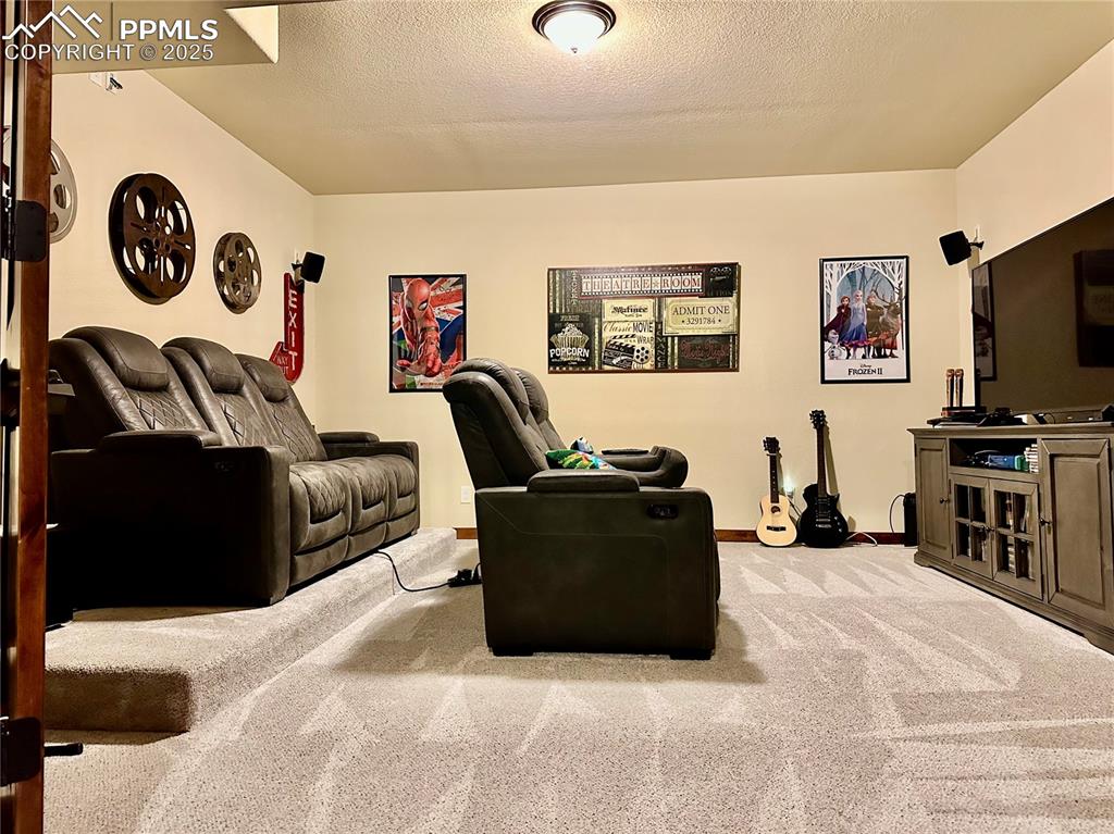 Image 22 of 33: Carpeted living room featuring a textured ceiling and baseboards