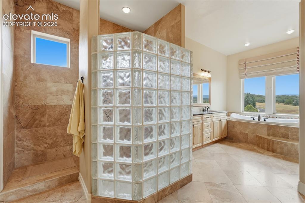 Image 35 of 50: Spacious bathroom featuring a glass block shower enclosure, tiled shower wa