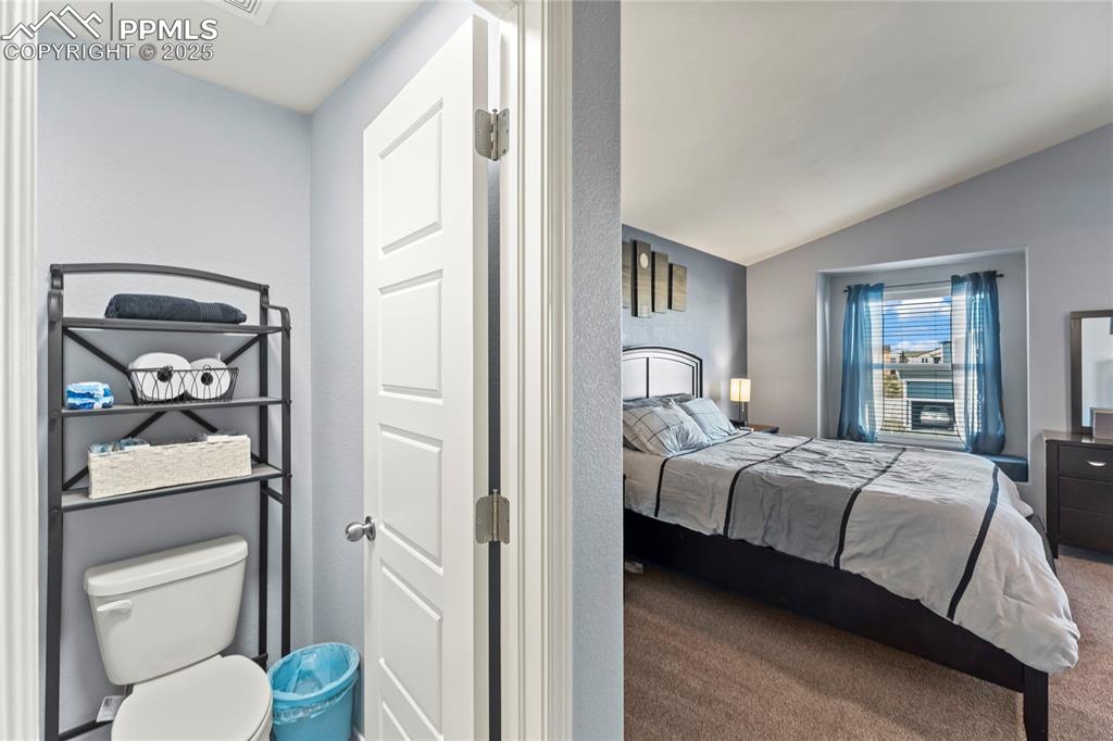 Image 20 of 50: Carpeted bedroom featuring lofted ceiling