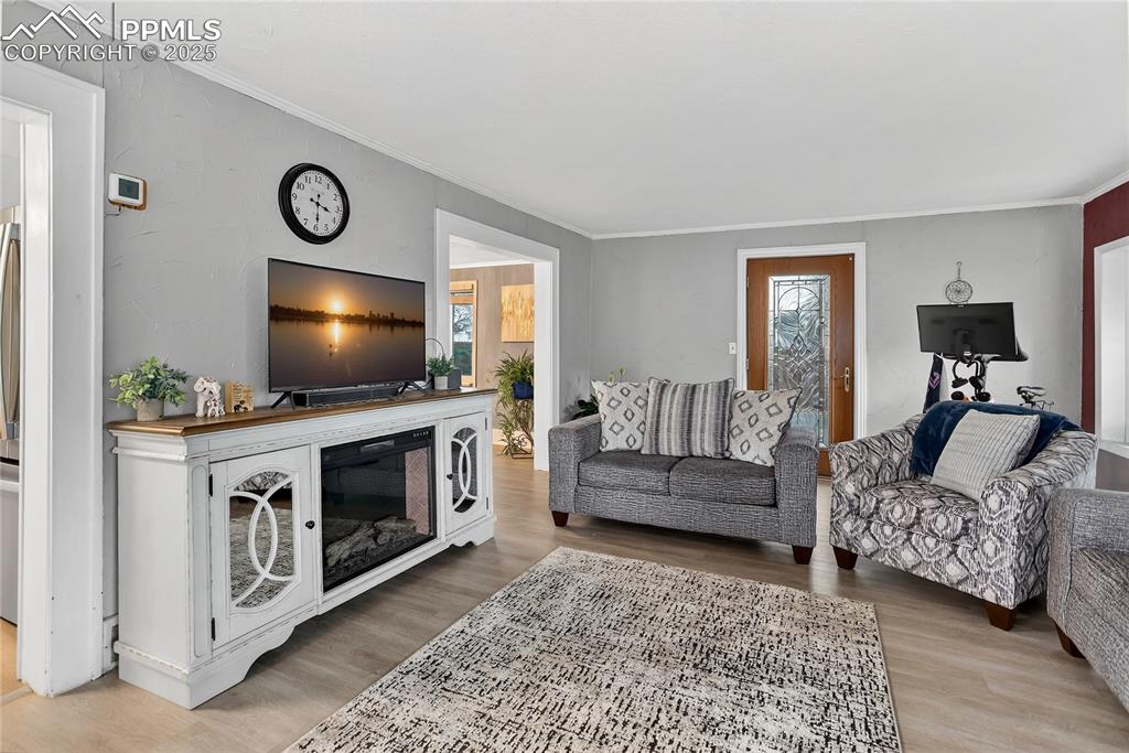 Image 35 of 50: Living area with crown molding and light wood-style flooring