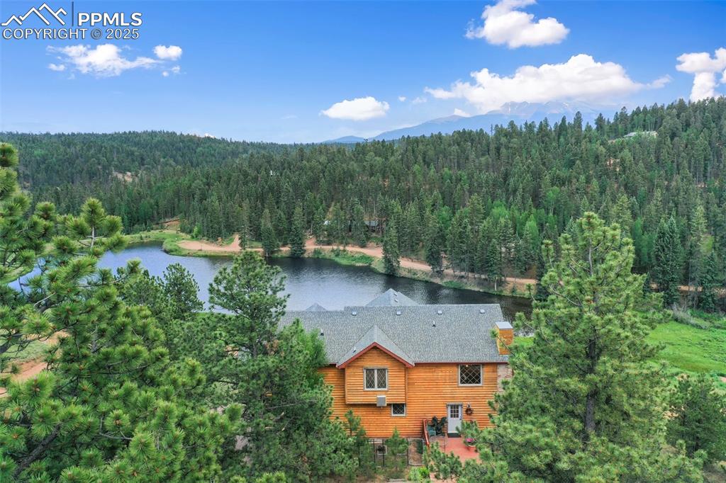 Image 2 of 50: View from above of property featuring a forest and a nearby body of water