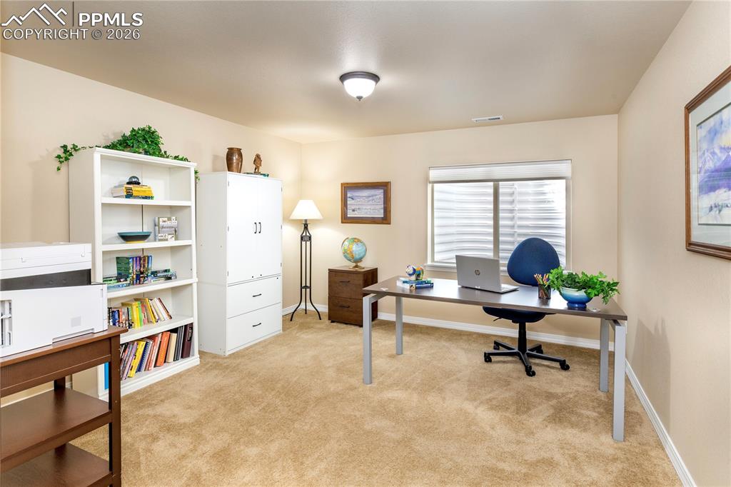Image 41 of 50: 3rd bedroom being used as a secondary office with walk-in closet and custom