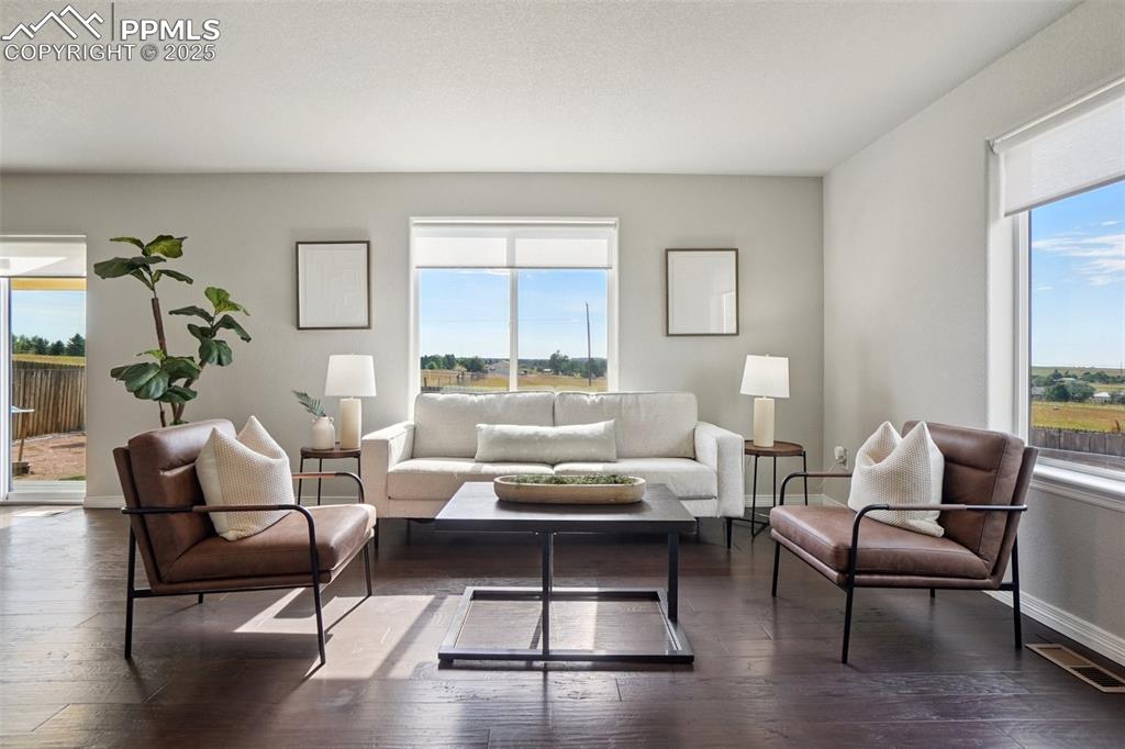 Image 3 of 46: Living area featuring dark wood-type flooring and a textured ceiling