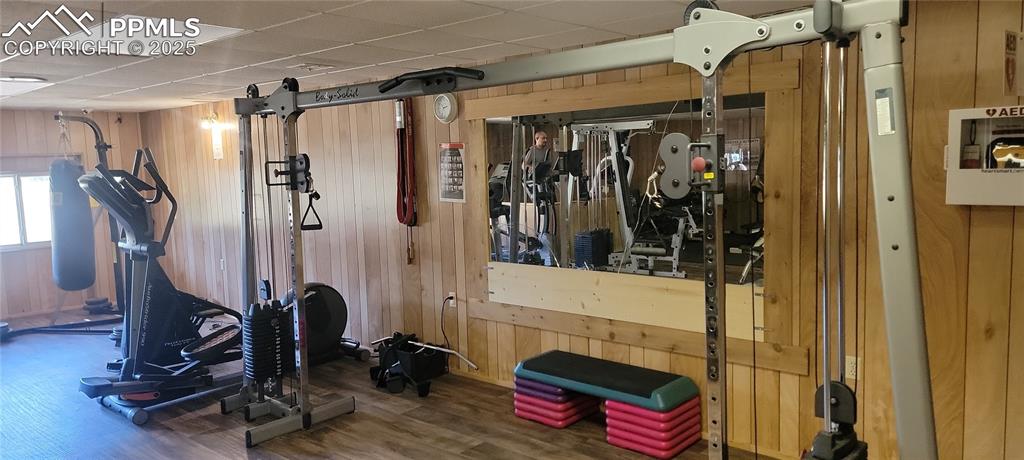 Image 17 of 21: Exercise area with wood walls, wood finished floors, and a paneled ceiling