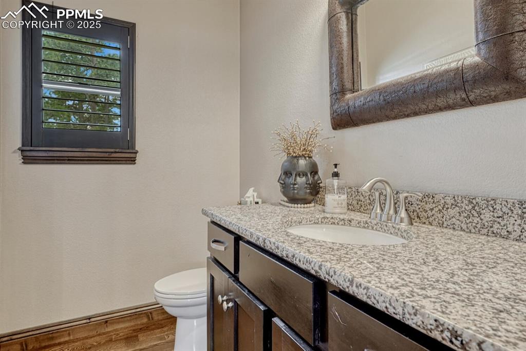 Image 14 of 50: Bathroom with wood finished floors, vanity, toilet, and a textured wall