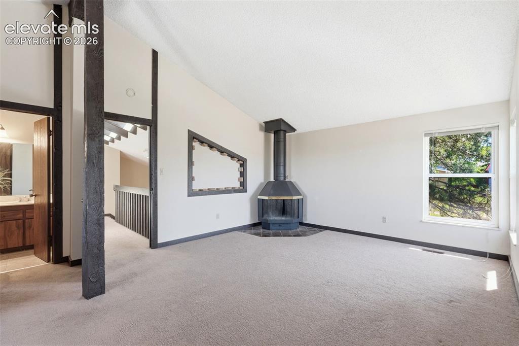Image 28 of 50: Corner fireplace with a black metal enclosure, light-toned carpeting, and a