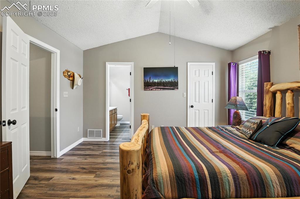 Image 16 of 25: Bedroom with dark wood finished floors, lofted ceiling, a textured ceiling,