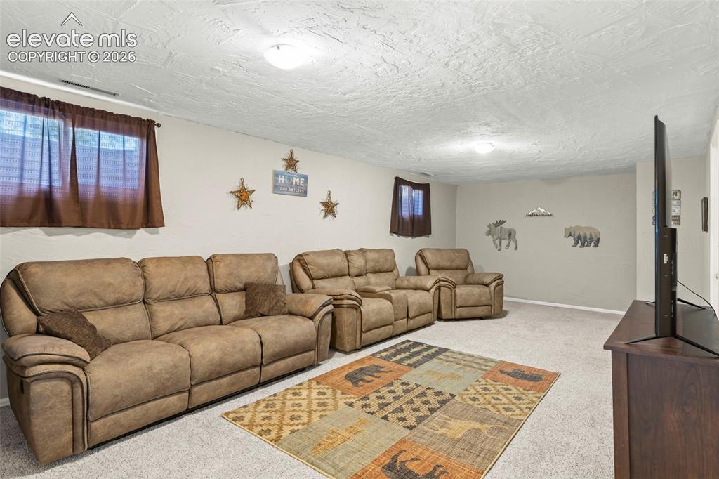 Image 20 of 30: Spacious carpeted room featuring light gray walls, two windows with brown c