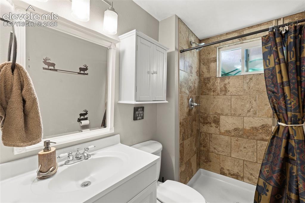 Image 21 of 30: Lower Bathroom featuring a white vanity with integrated sink, chrome faucet